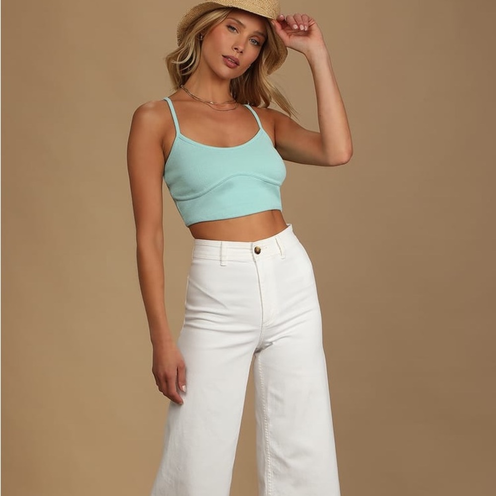 Light Blue Ribbed Seamed Cropped Tank Top